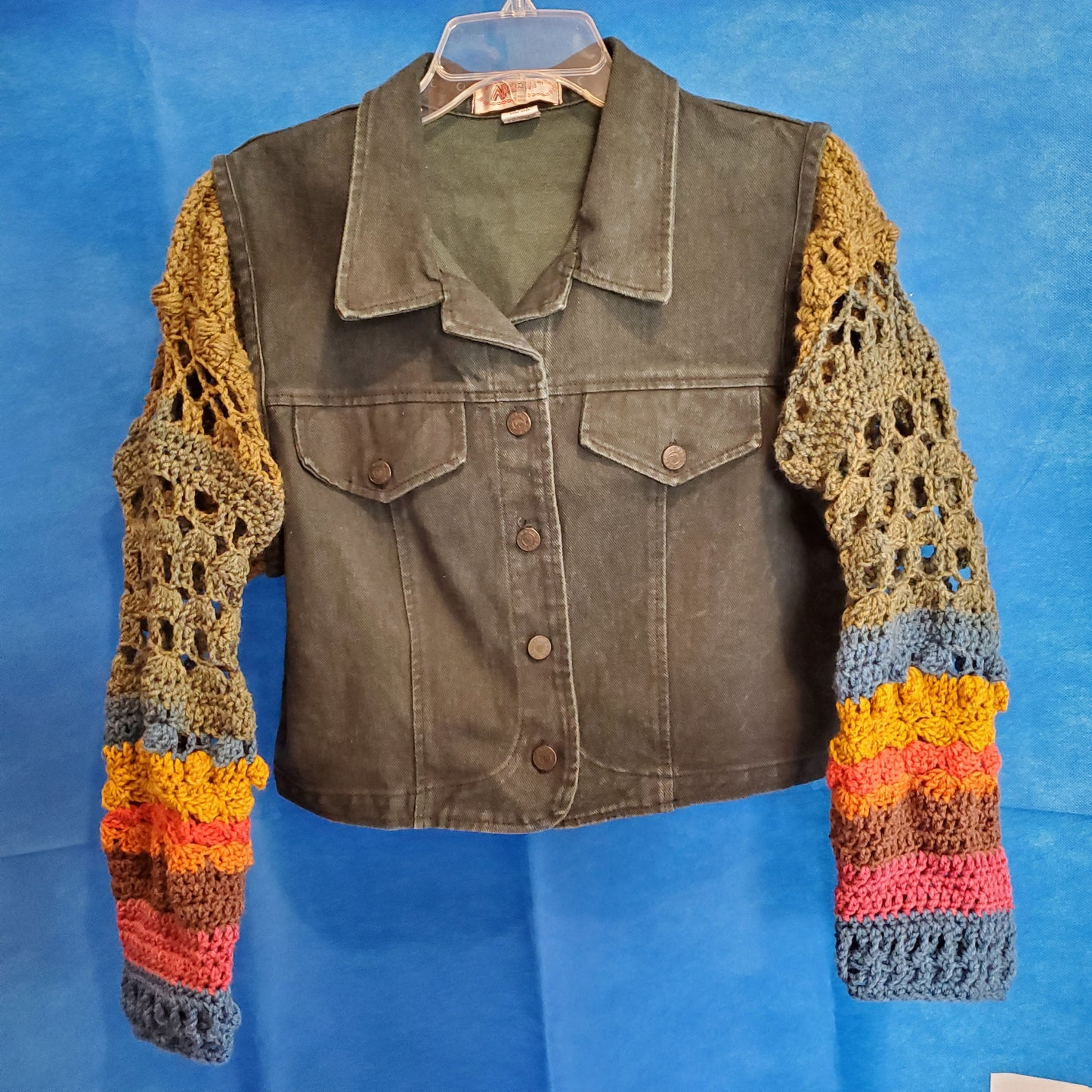 Denim Vest with Crocheted Sleeves Size Large