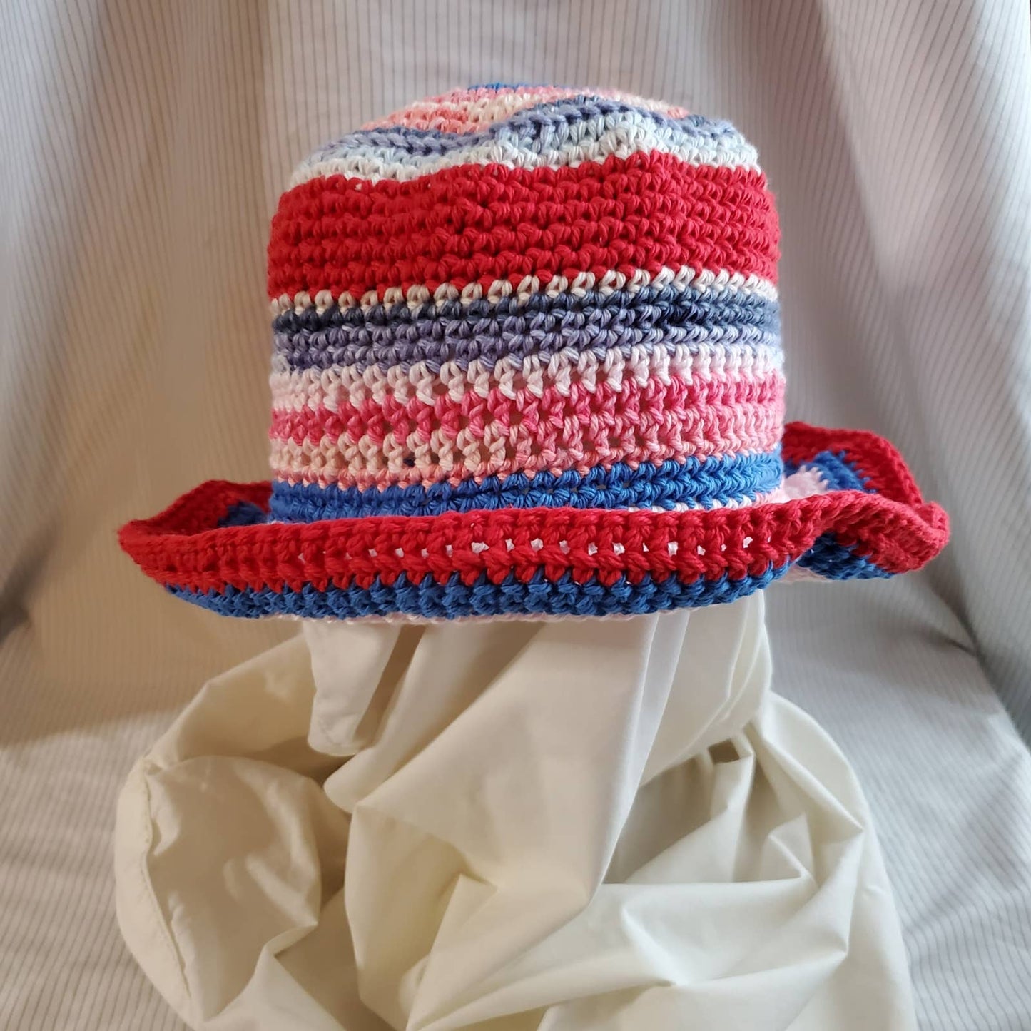 Crocheted Bucket Hat; one size fits most; Red White and Blue
