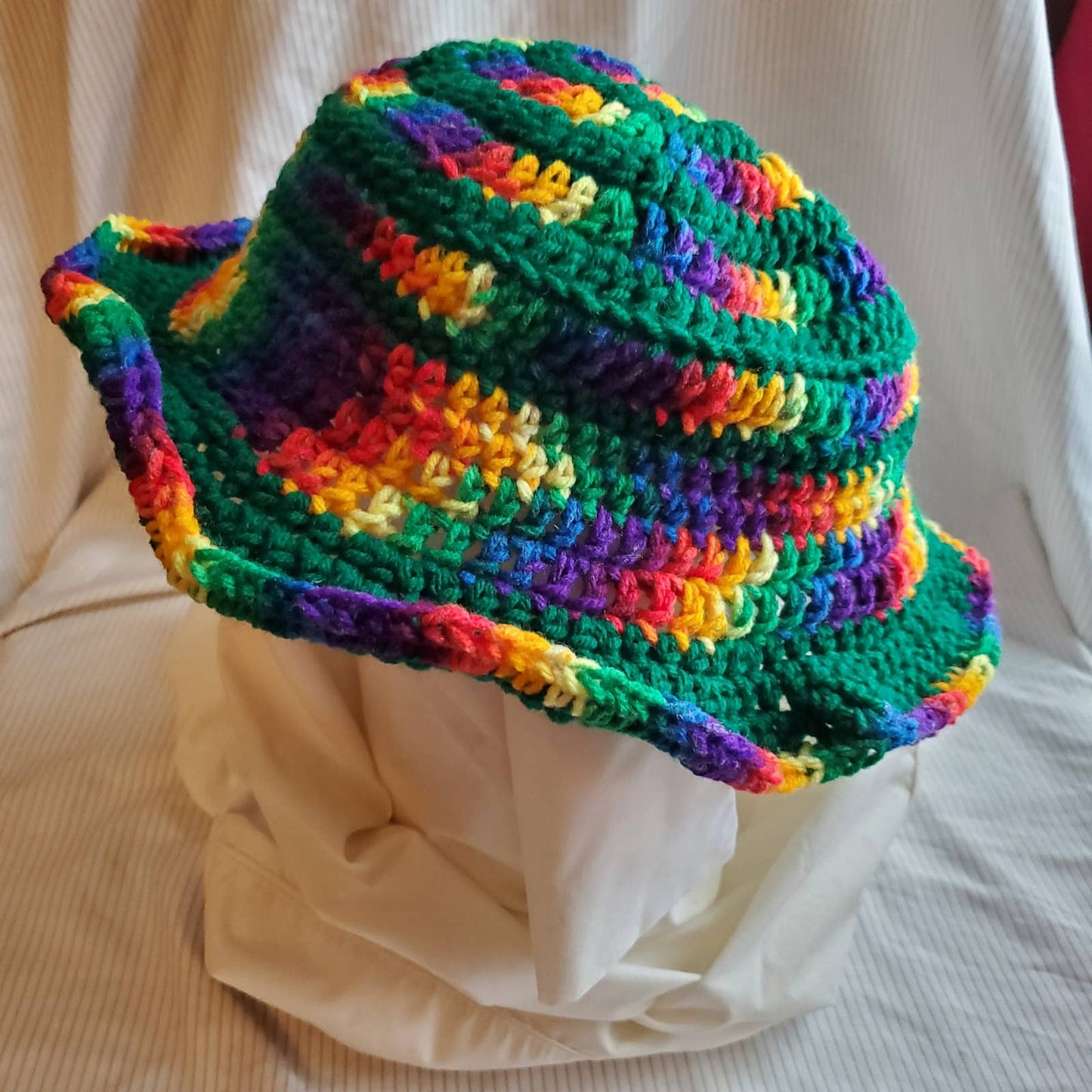 Crocheted Bucket Hat; one size fits most; Green and Rainbow