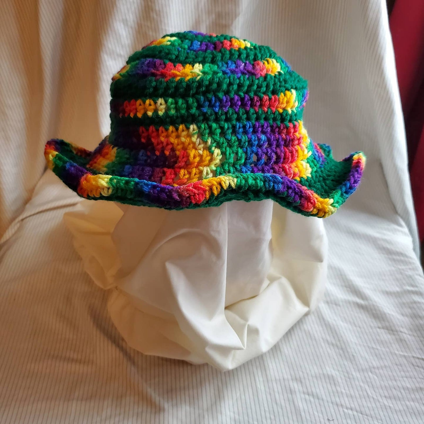Crocheted Bucket Hat; one size fits most; Green and Rainbow