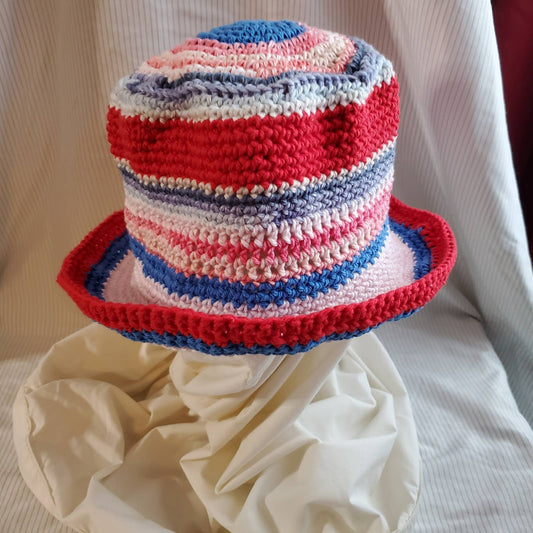Crocheted Bucket Hat; one size fits most; Red White and Blue