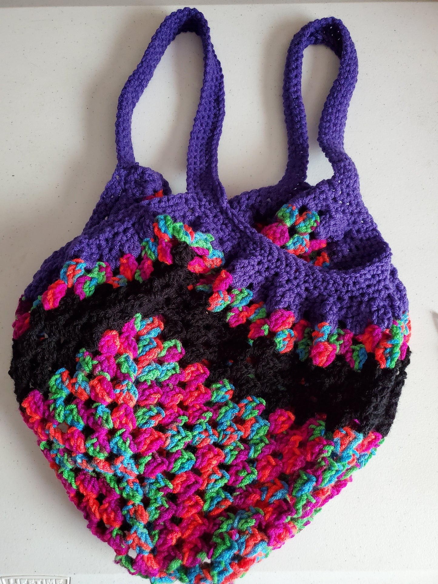 Market Bag / Crocheted Bag / Neon with Black and Purple