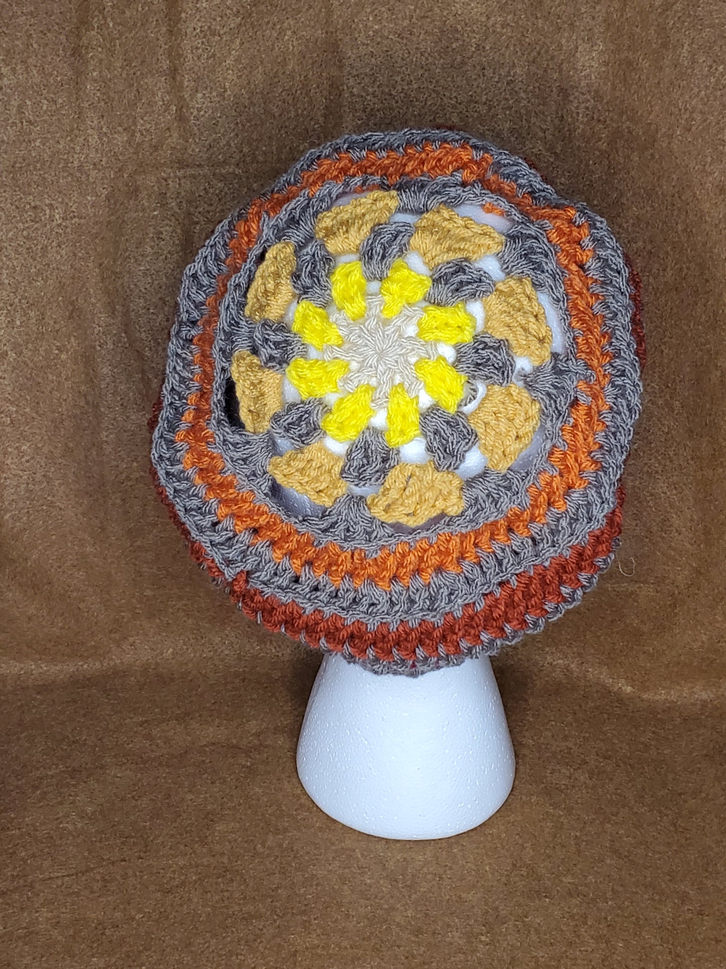 Pill box style - orange, red, taupe / fall colors crocheted hat