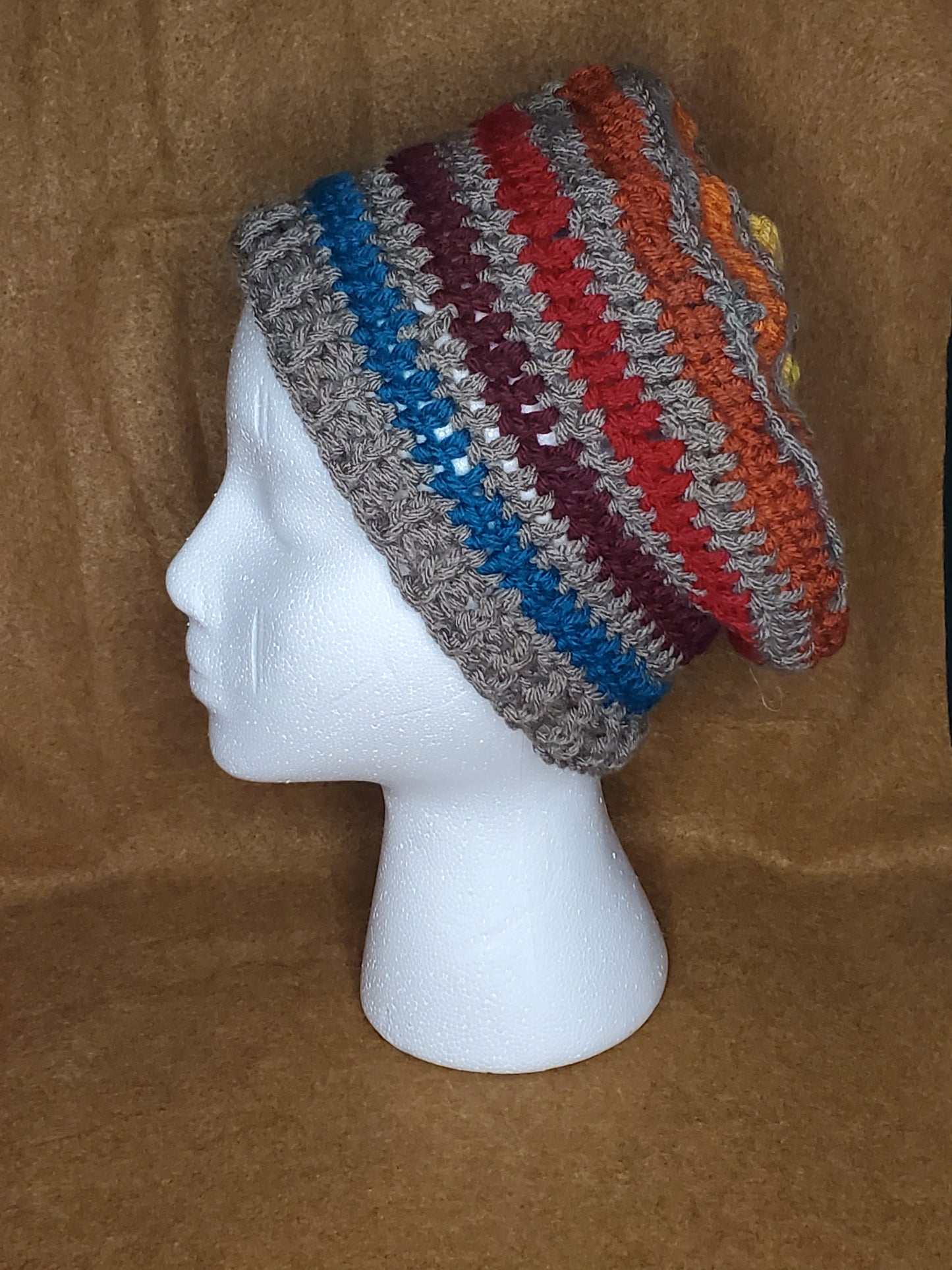 Pill box style - orange, red, taupe / fall colors crocheted hat