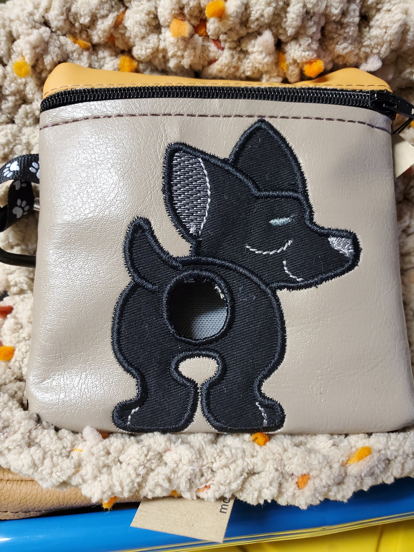 Chihuahua dog poo bag holder - black pup on tan bag- Pet Poo/waste bag holder