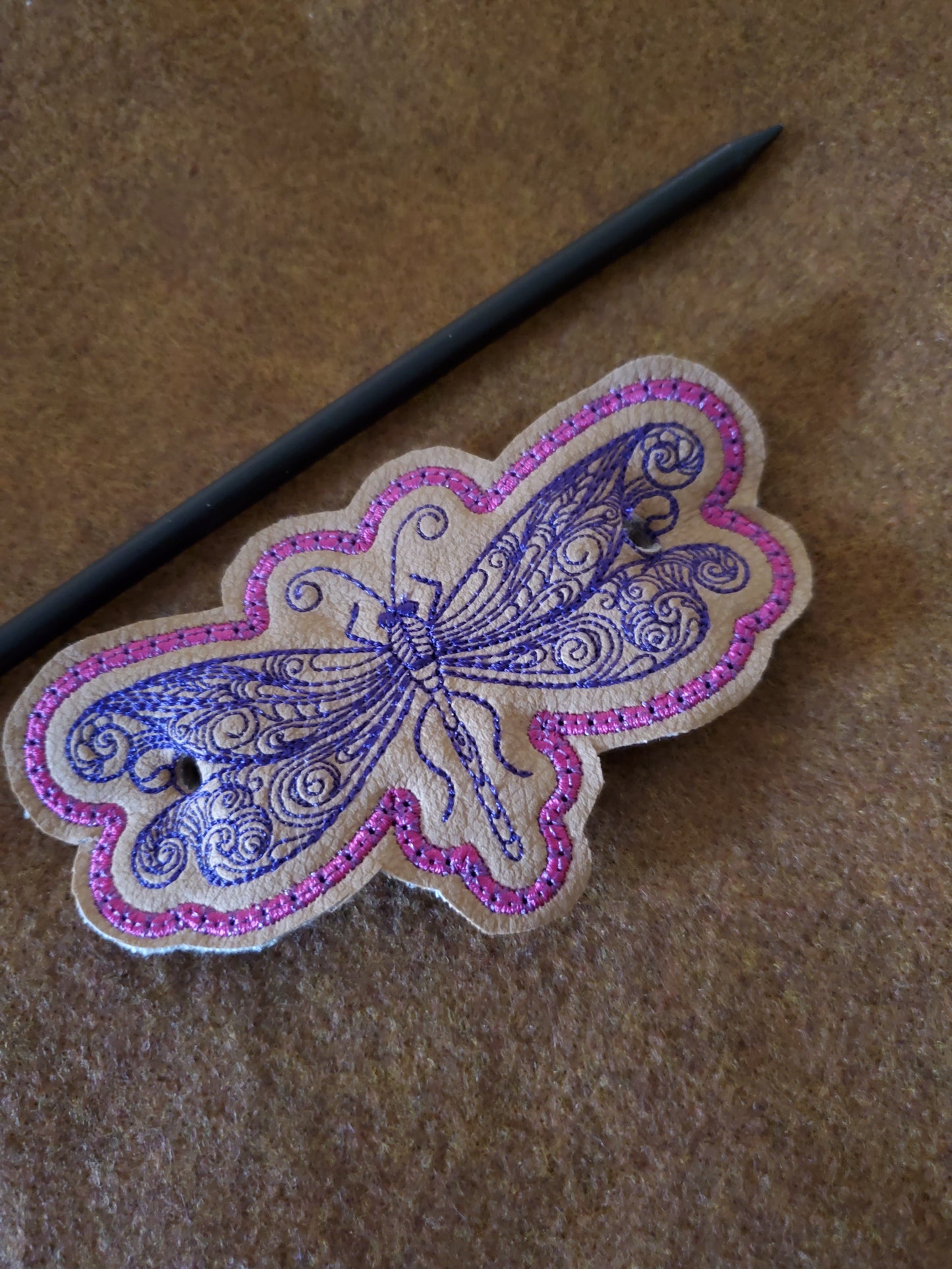 Dragonfly stitched in Purple - Hair bun cover / accessory / hair barrette