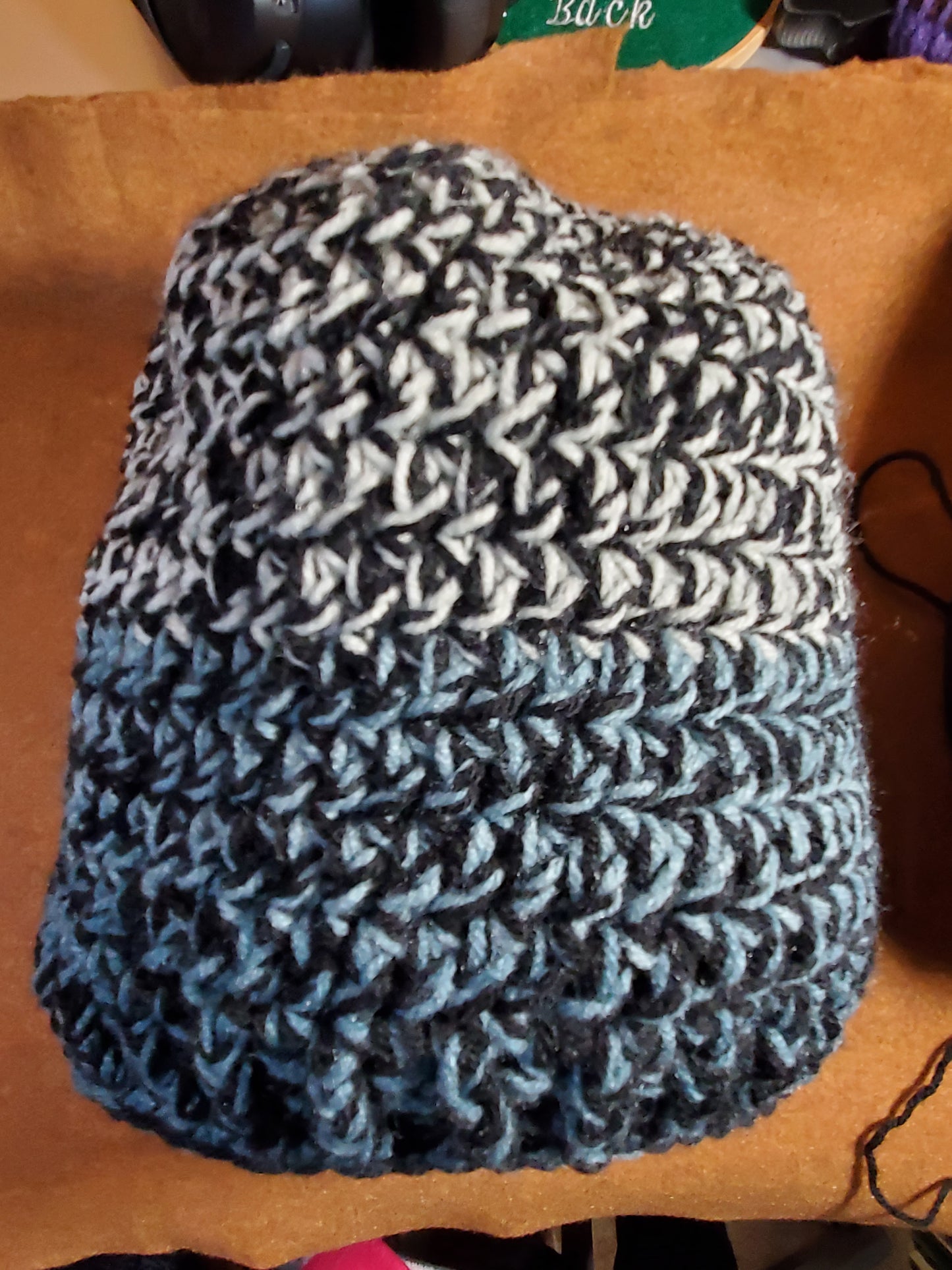 Green variegated and Black Beanie