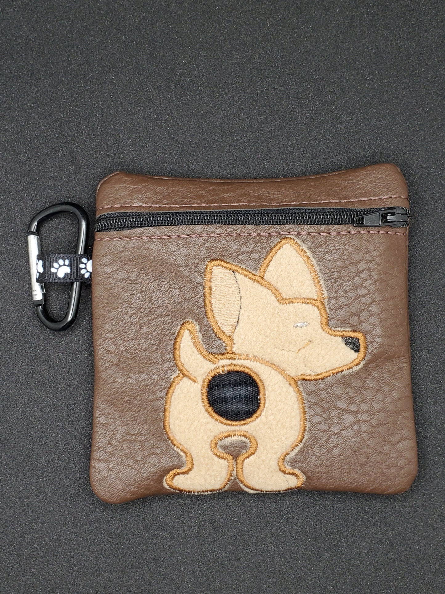 Chihuahua/Tan fleece Dog with dark brown bag- Dog Poo Bag Holder / waste bag holder