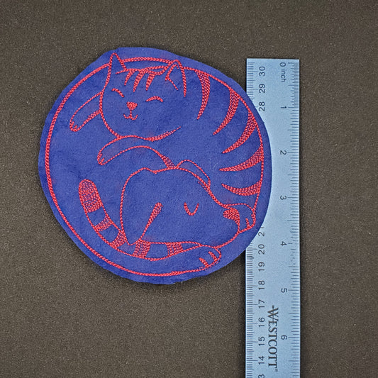 Cat and Dog Coaster, stitched with Red Thread on Blue felt