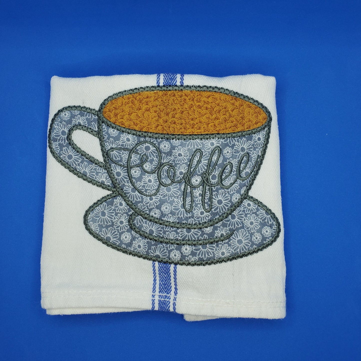 Coffee Cup Theme Applique on blue striped towel