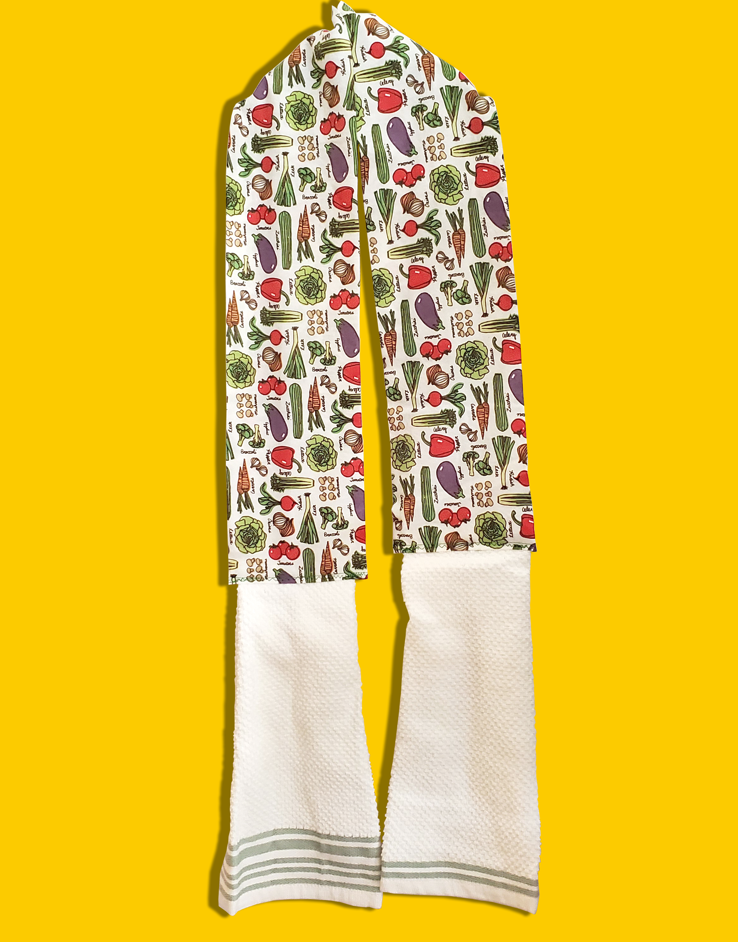 Vegetable print kitchen scarf with green striped towel