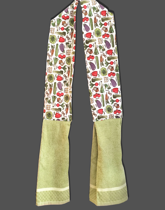 Vegetable print kitchen scarf with green towel