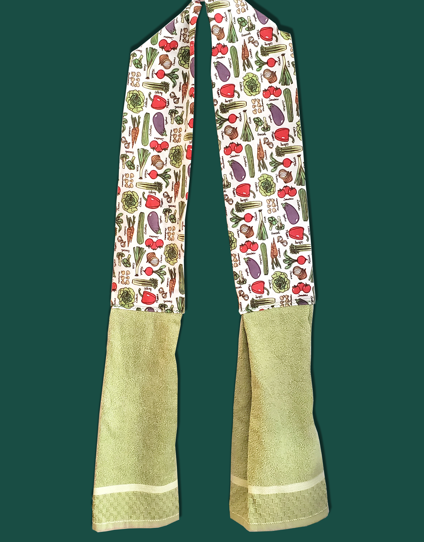 Vegetable Theme kitchen scarf with sage green towel