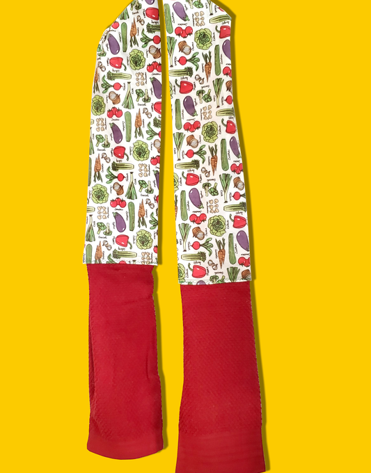 Vegetable Print Kitchen Scarf with deep red towel